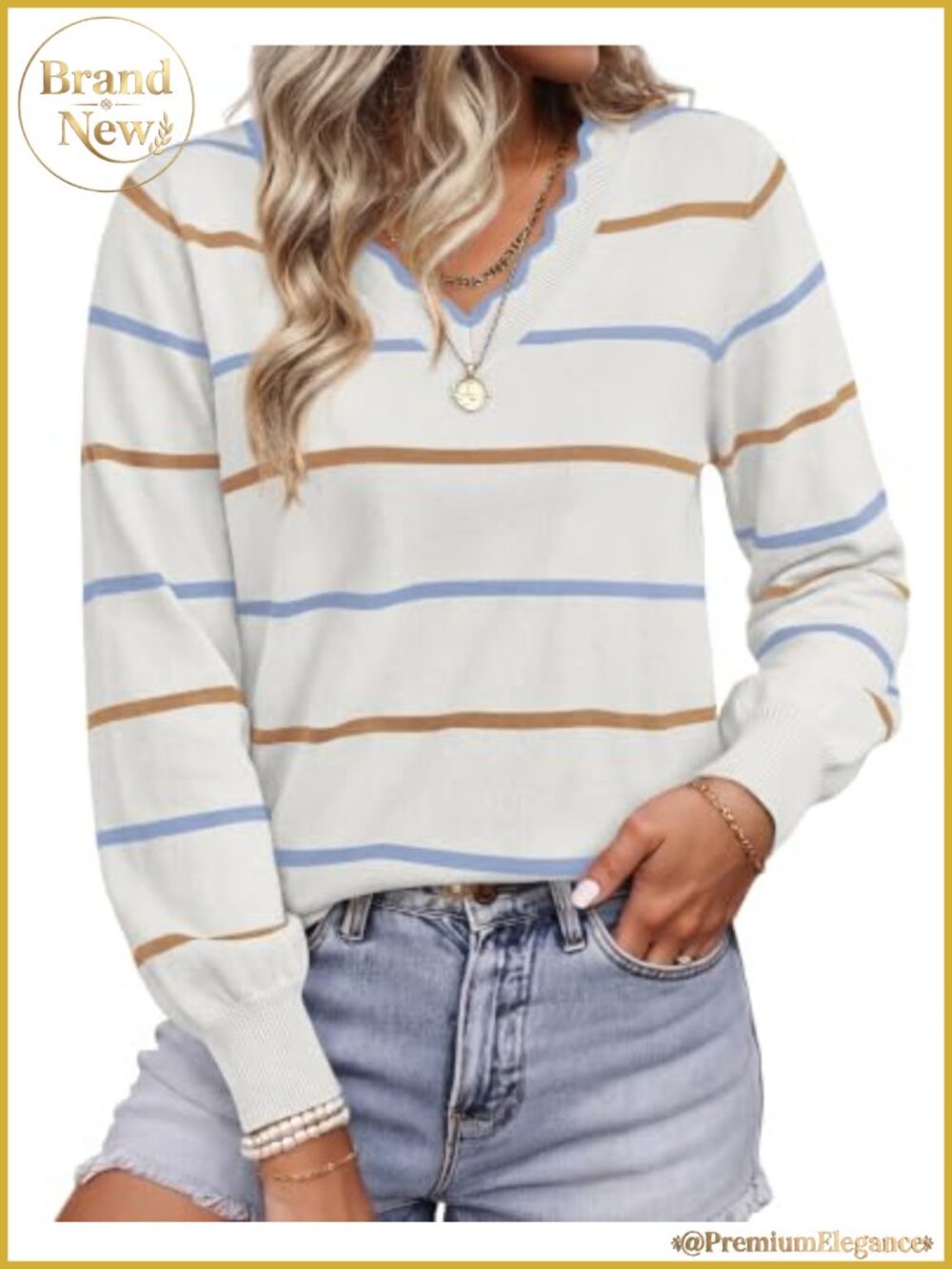 Women's Striped Long Sleeve V-Neck Pullover Sweater, Soft Knit Casual